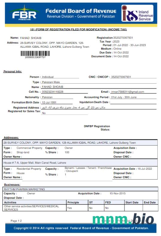Pakistan FBR rachunek za media Word i szablon PDF